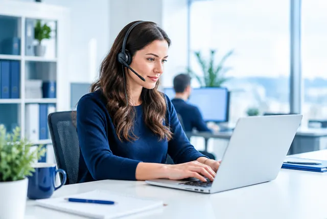 A moving company dispatcher wearing a headset and working at a laptop in a bright office