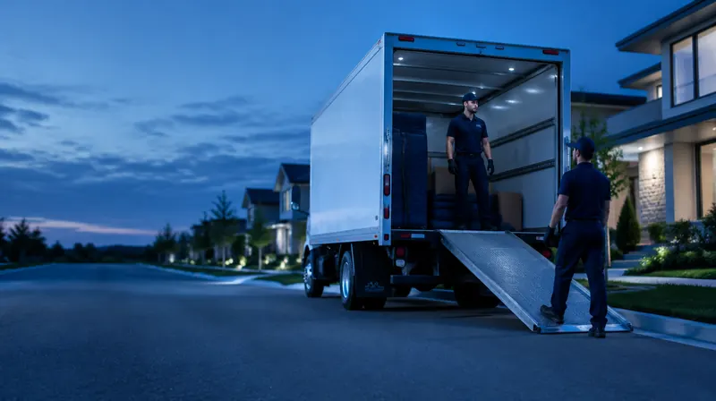 A professional moving truck parked in front of a modern home