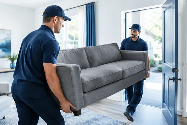 Two movers in navy uniforms carrying a gray sofa through the doorway of a home