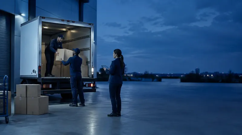 A moving crew loading boxes into a truck at a warehouse loading bay at dusk while a coordinator checks a tablet