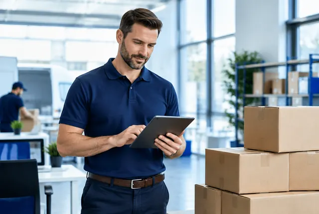 A moving company owner reviewing an estimate on a tablet next to stacked boxes